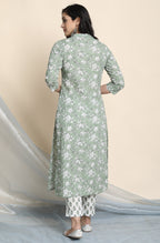Janasya Women's Light Green Cotton Floral Print Kurta With Pant And Dupatta | Grocsy