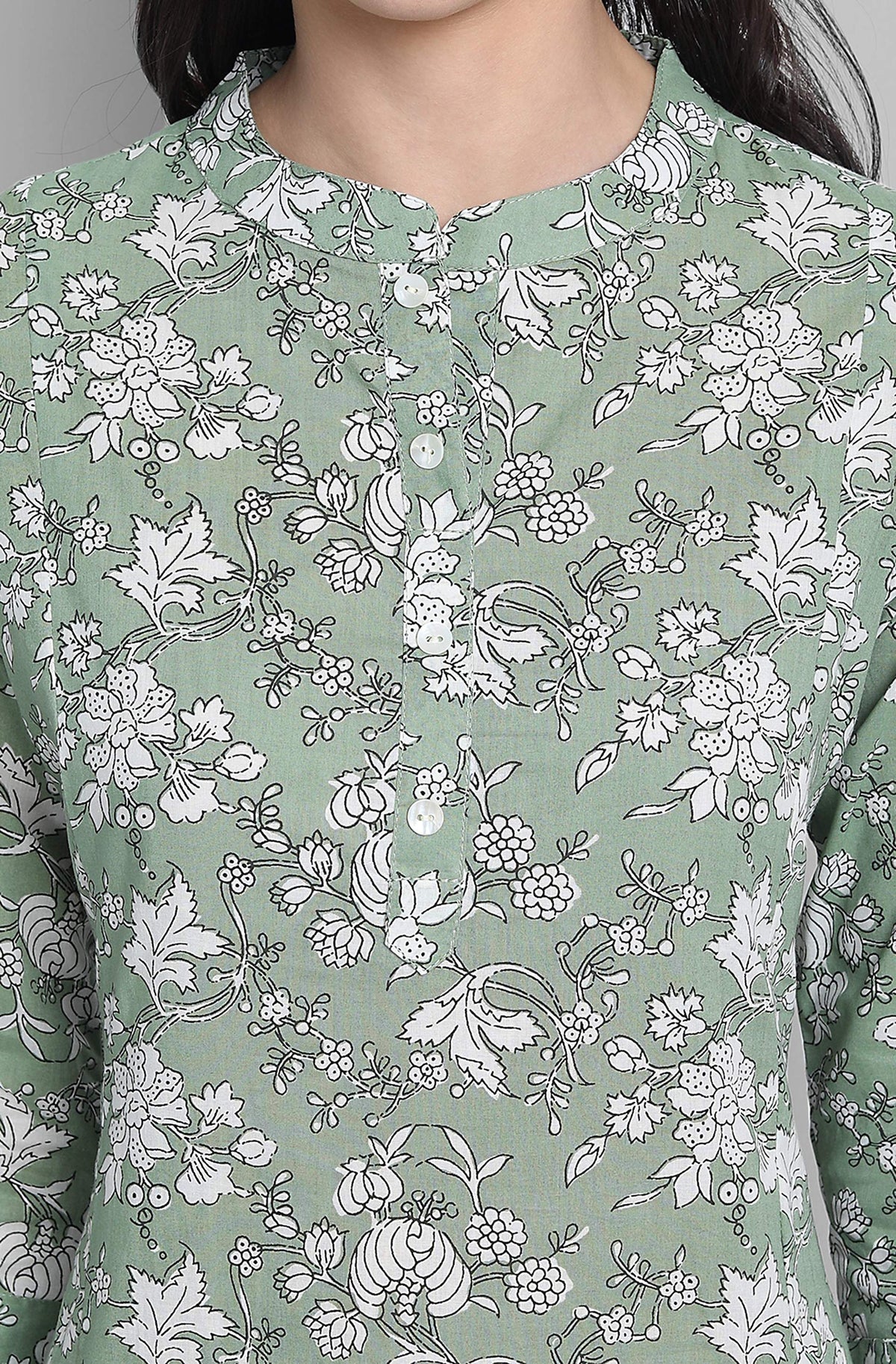 Janasya Women's Light Green Cotton Floral Print Kurta With Pant And Dupatta | Grocsy