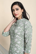 Janasya Women's Light Green Cotton Floral Print Kurta With Pant And Dupatta | Grocsy