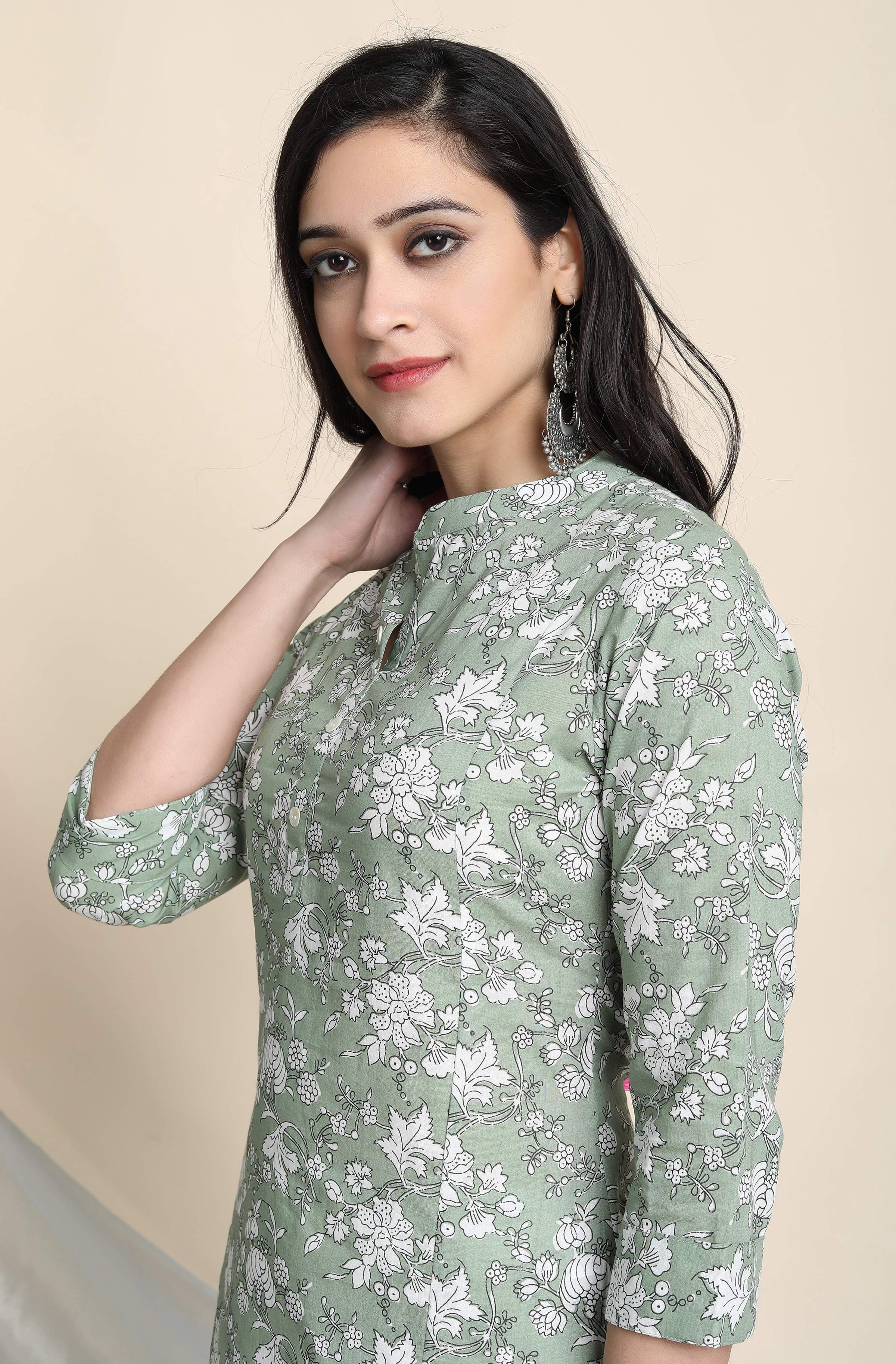 Janasya Women's Light Green Cotton Floral Print Kurta With Pant And Dupatta | Grocsy