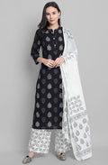 Janasya Women's Black Cotton Block Print Kurta With Palazzo And Dupatta | Grocsy