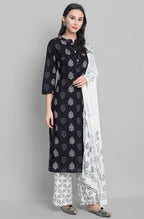 Janasya Women's Black Cotton Block Print Kurta With Palazzo And Dupatta | Grocsy