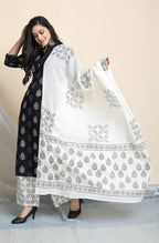 Janasya Women's Black Cotton Block Print Kurta With Palazzo And Dupatta | Grocsy