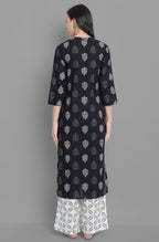 Janasya Women's Black Cotton Block Print Kurta With Palazzo And Dupatta | Grocsy