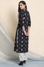 Janasya Women's Black Cotton Block Print Kurta With Palazzo And Dupatta | Grocsy