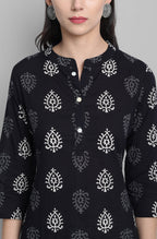 Janasya Women's Black Cotton Block Print Kurta With Palazzo And Dupatta | Grocsy
