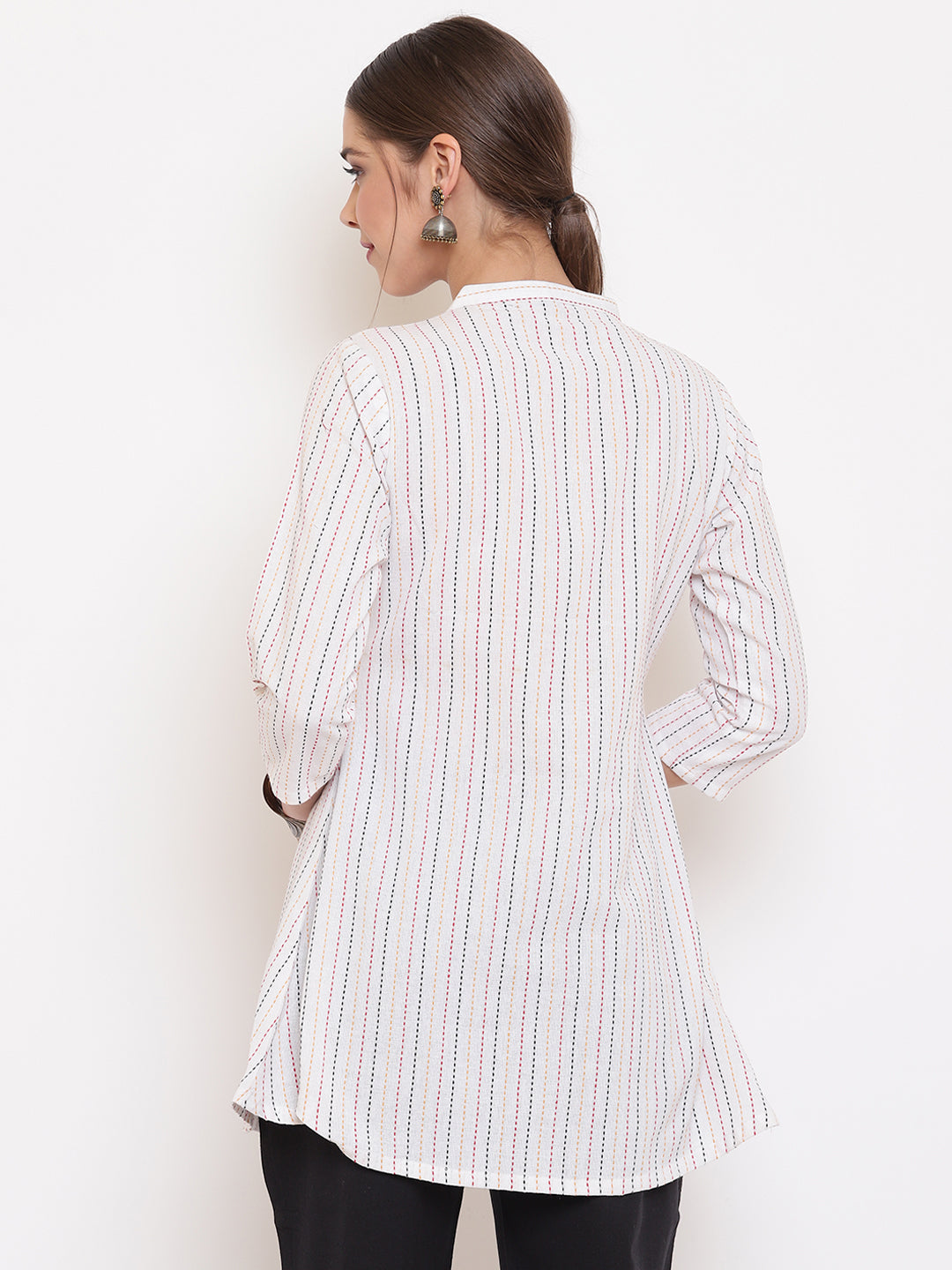 Janasya Women's White Cotton Woven Design A-Line Top | Grocsy