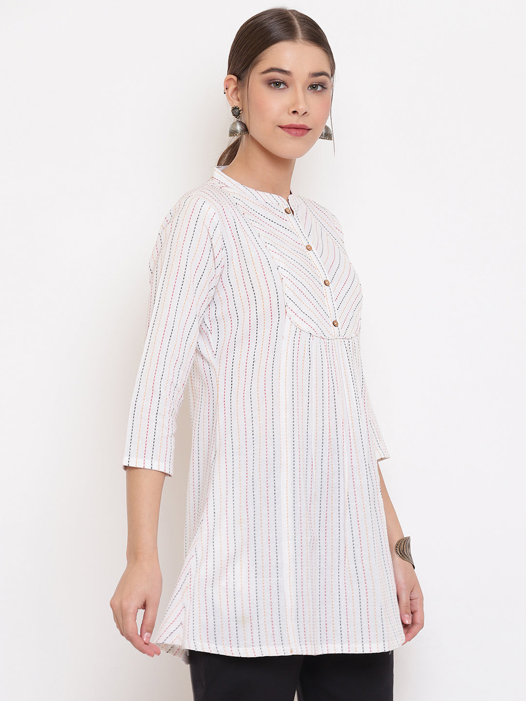 Janasya Women's White Cotton Woven Design A-Line Top | Grocsy