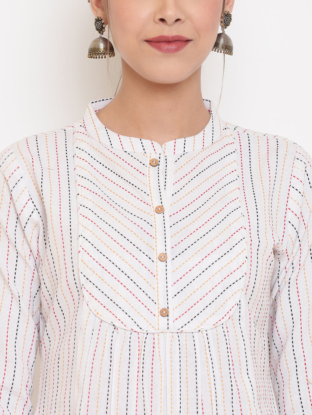 Janasya Women's White Cotton Woven Design A-Line Top | Grocsy