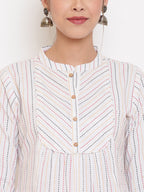 Janasya Women's White Cotton Woven Design A-Line Top | Grocsy