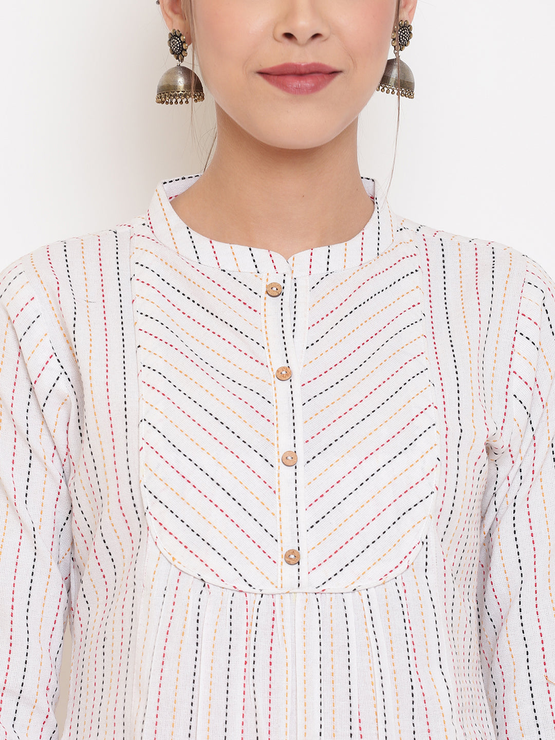 Janasya Women's White Cotton Woven Design A-Line Top | Grocsy