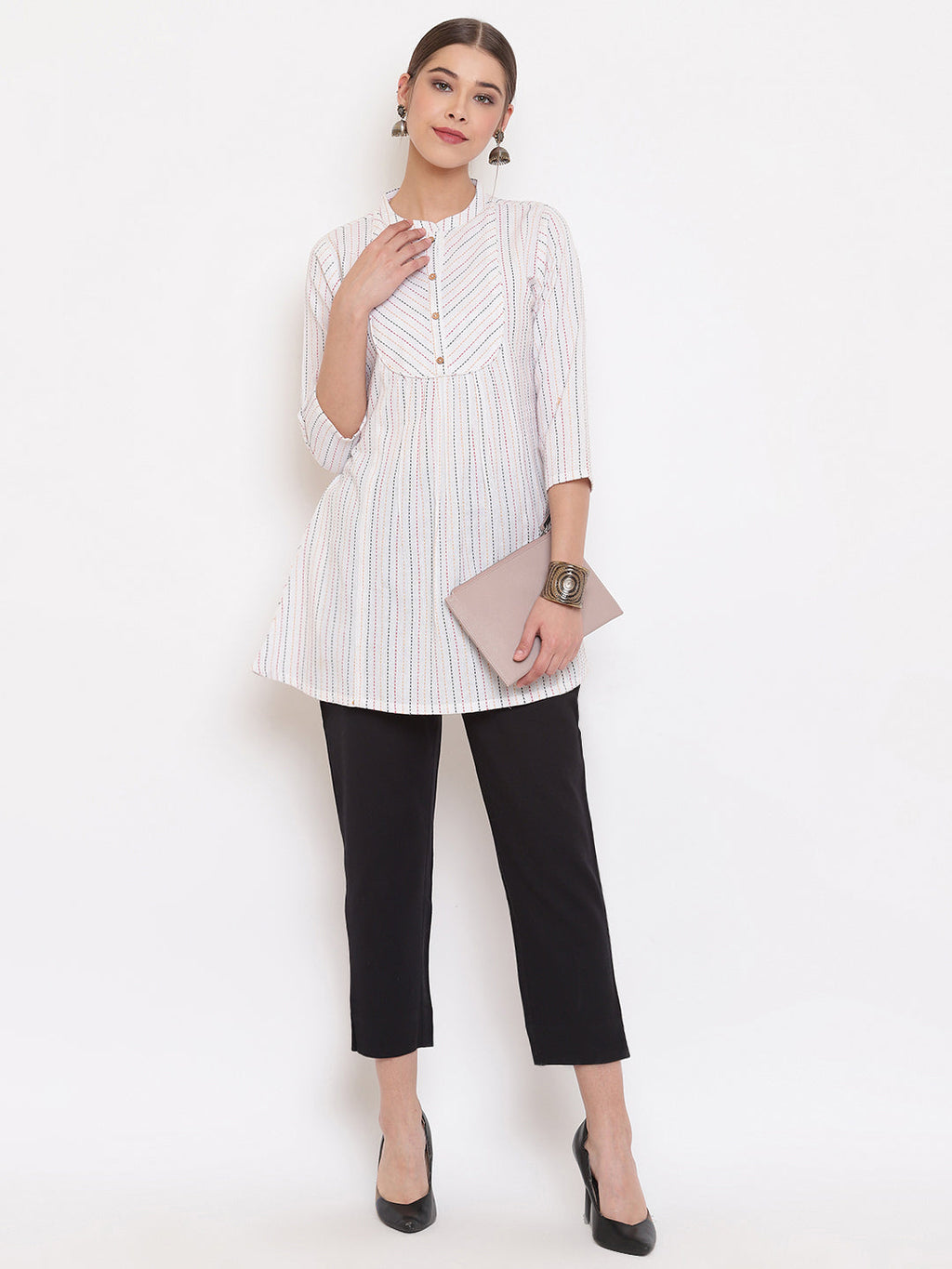 Janasya Women's White Cotton Woven Design A-Line Top | Grocsy
