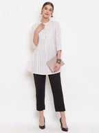 Janasya Women's White Cotton Woven Design A-Line Top | Grocsy