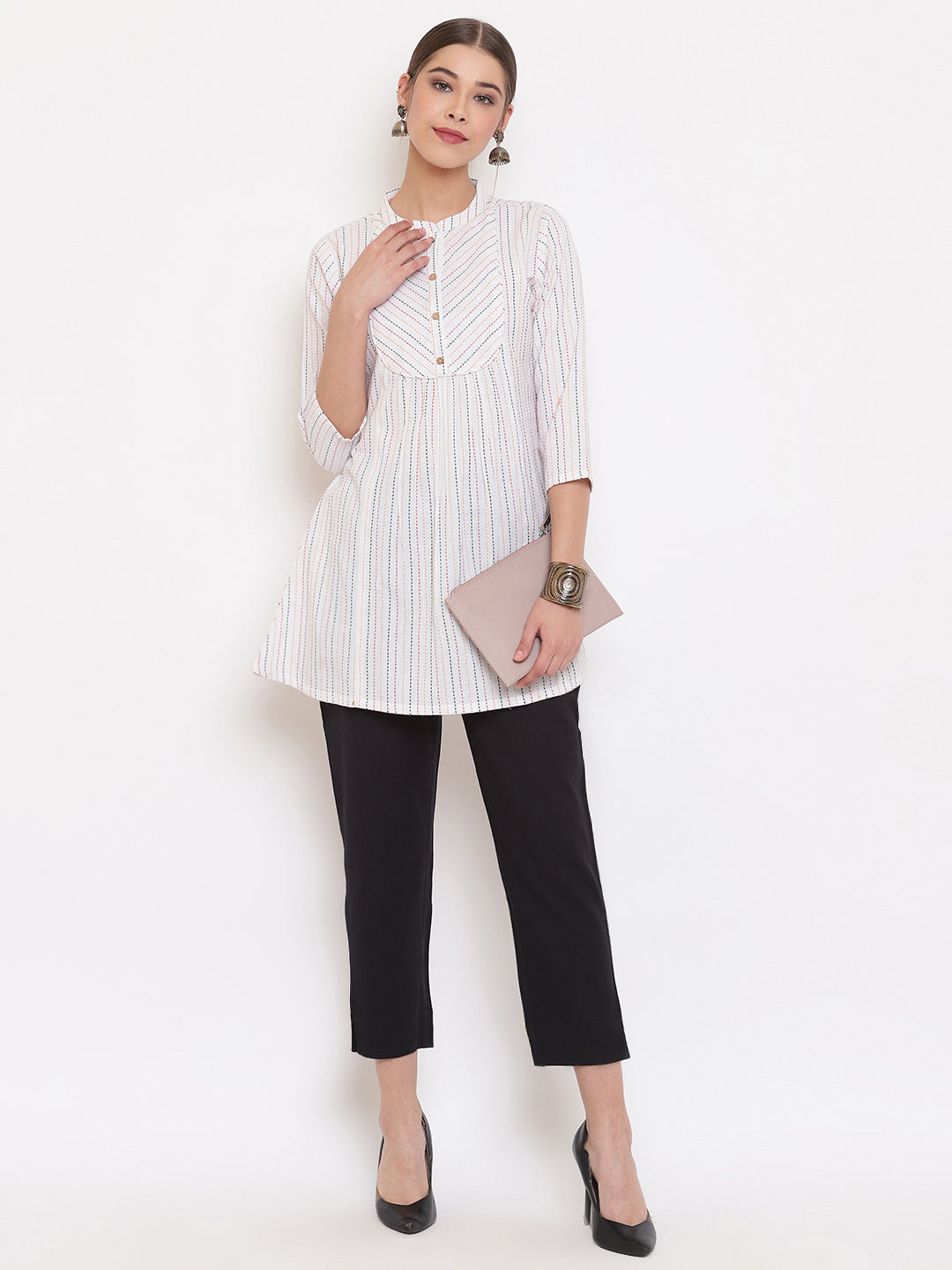 Janasya Women's White Cotton Woven Design A-Line Top | Grocsy