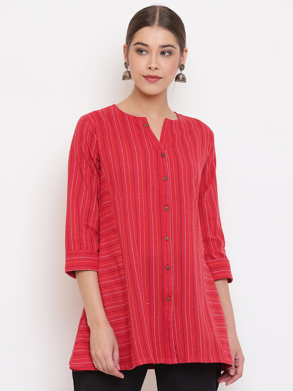 Janasya Women's Red Cotton Woven Design A-Line Top | Grocsy