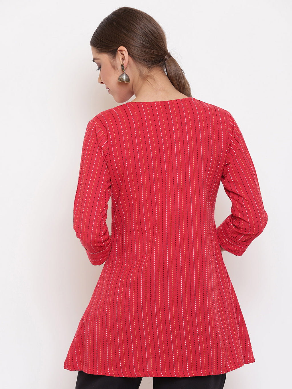Janasya Women's Red Cotton Woven Design A-Line Top | Grocsy