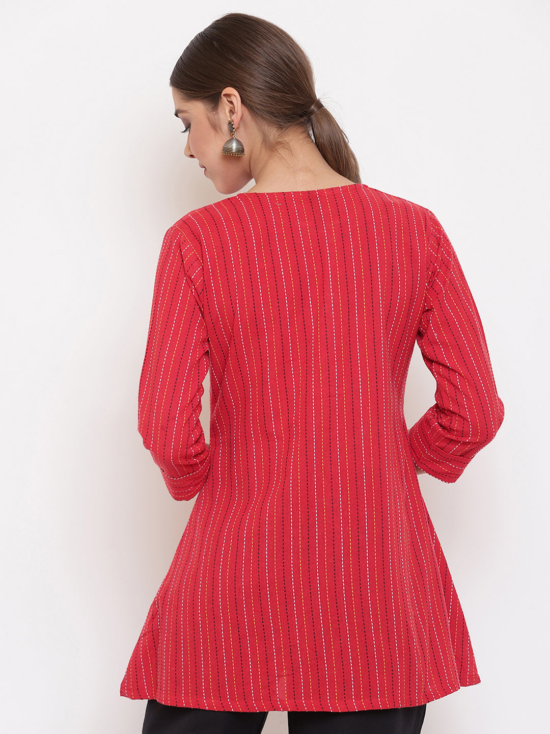 Janasya Women's Red Cotton Woven Design A-Line Top | Grocsy