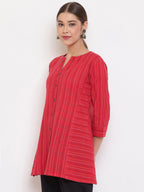 Janasya Women's Red Cotton Woven Design A-Line Top | Grocsy