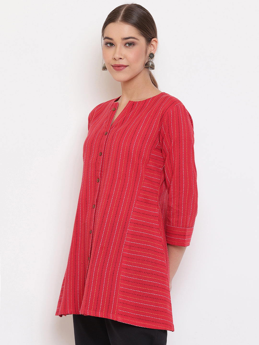 Janasya Women's Red Cotton Woven Design A-Line Top | Grocsy