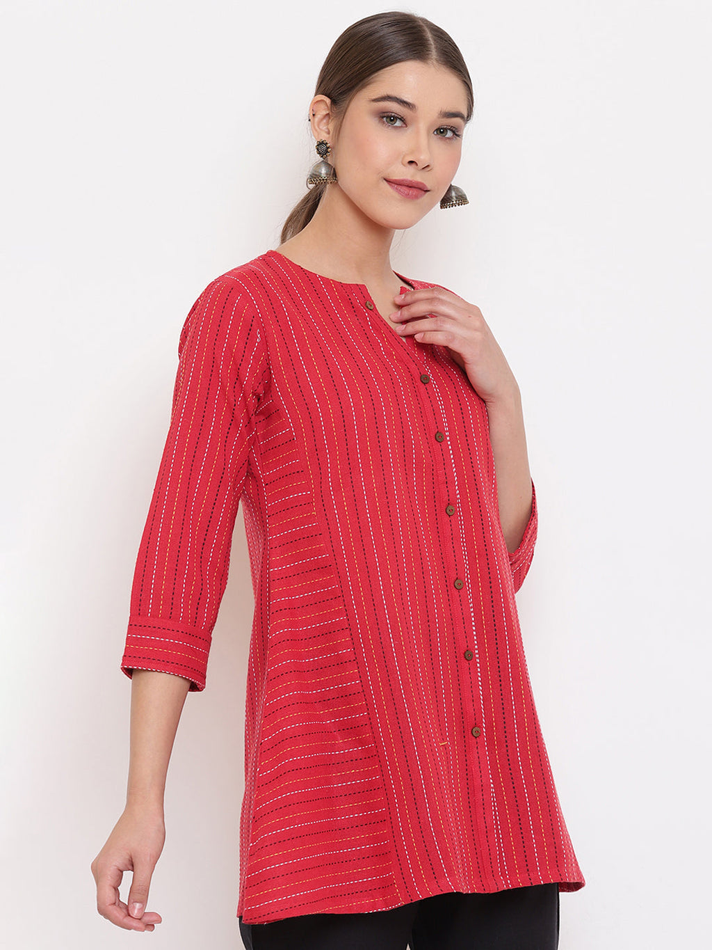 Janasya Women's Red Cotton Woven Design A-Line Top | Grocsy