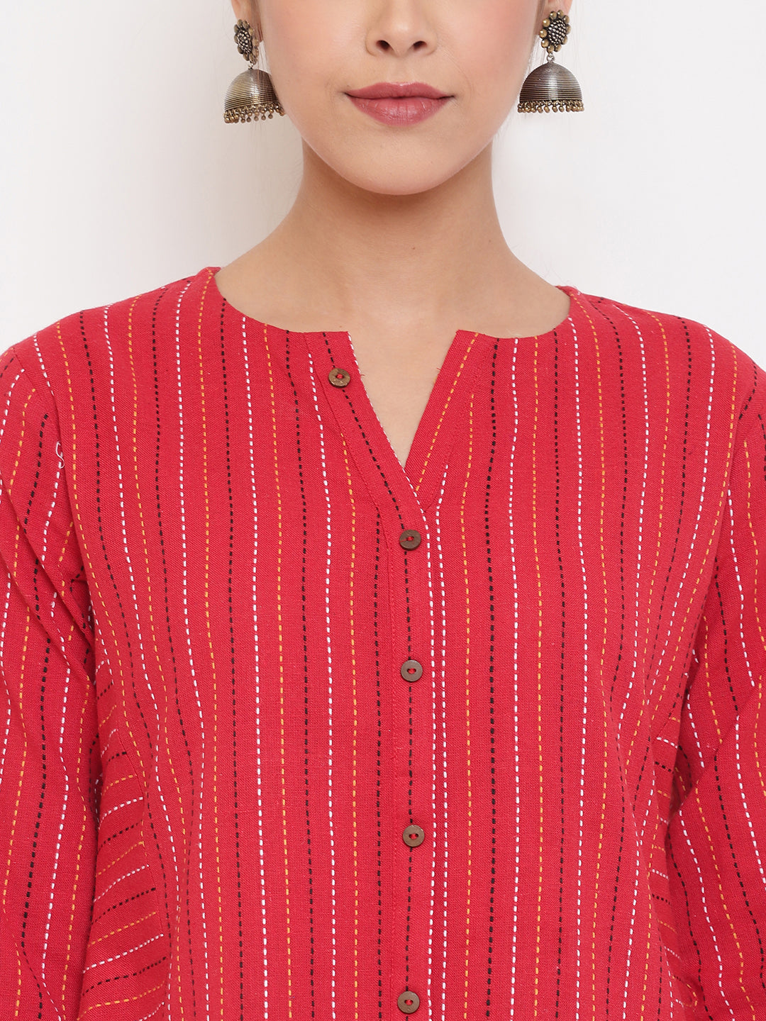 Janasya Women's Red Cotton Woven Design A-Line Top | Grocsy