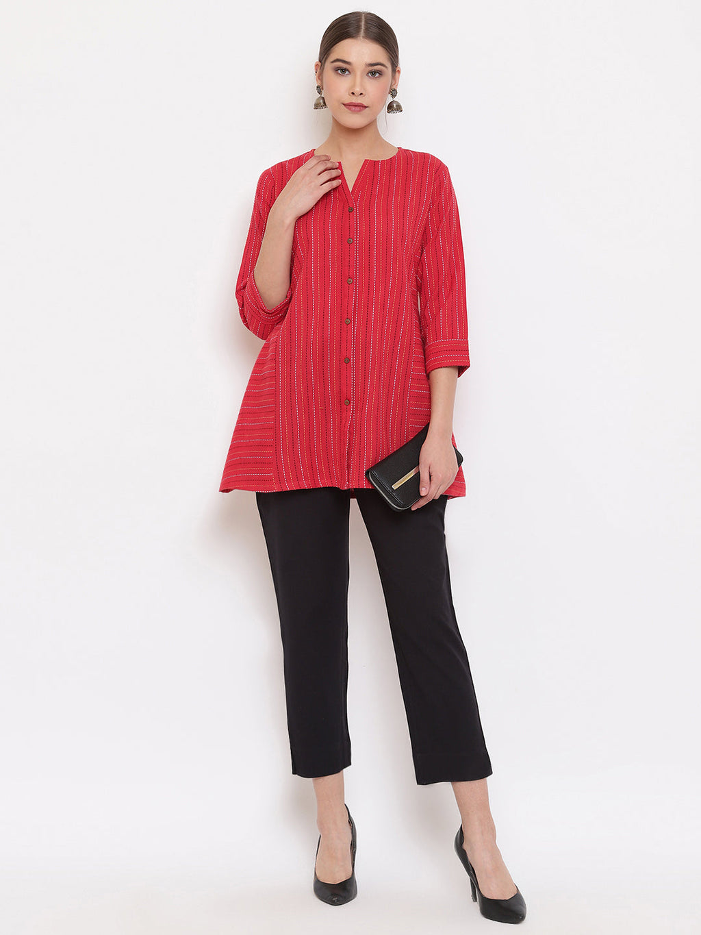 Janasya Women's Red Cotton Woven Design A-Line Top | Grocsy