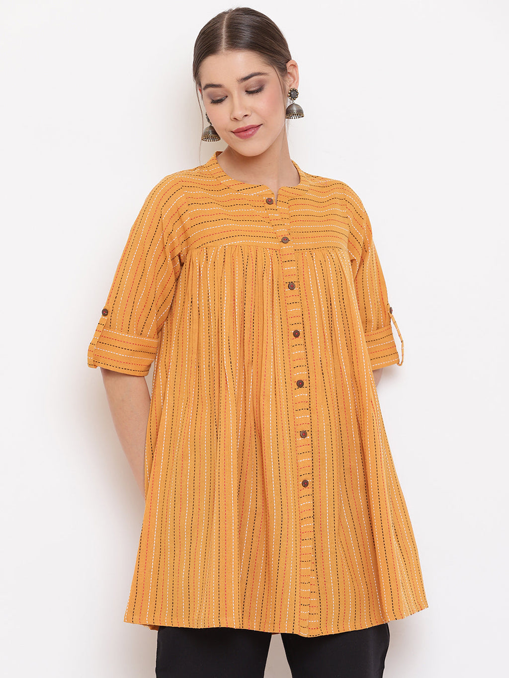 Janasya Women's Mustard Cotton Woven Design Gathered Tunic | Grocsy