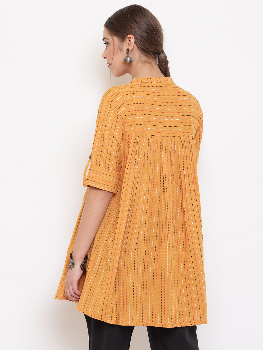 Janasya Women's Mustard Cotton Woven Design Gathered Tunic | Grocsy
