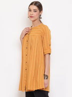 Janasya Women's Mustard Cotton Woven Design Gathered Tunic | Grocsy