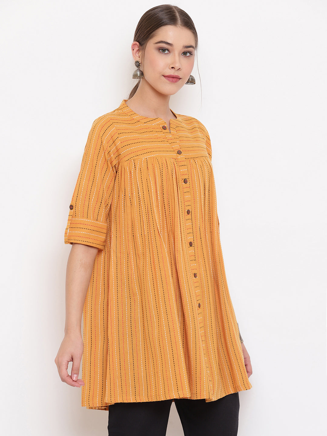 Janasya Women's Mustard Cotton Woven Design Gathered Tunic | Grocsy