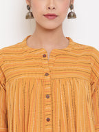 Janasya Women's Mustard Cotton Woven Design Gathered Tunic | Grocsy