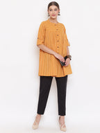 Janasya Women's Mustard Cotton Woven Design Gathered Tunic | Grocsy