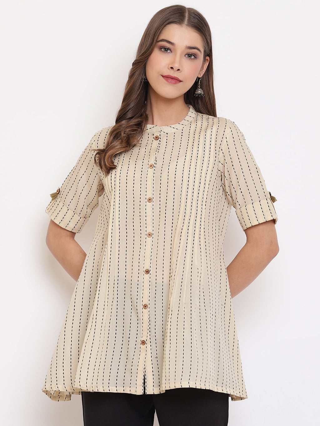 Janasya Women's Cream Cotton Striped Pleated Top | Grocsy