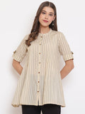 Janasya Women's Cream Cotton Striped Pleated Top | Grocsy