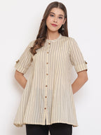 Janasya Women's Cream Cotton Striped Pleated Top | Grocsy