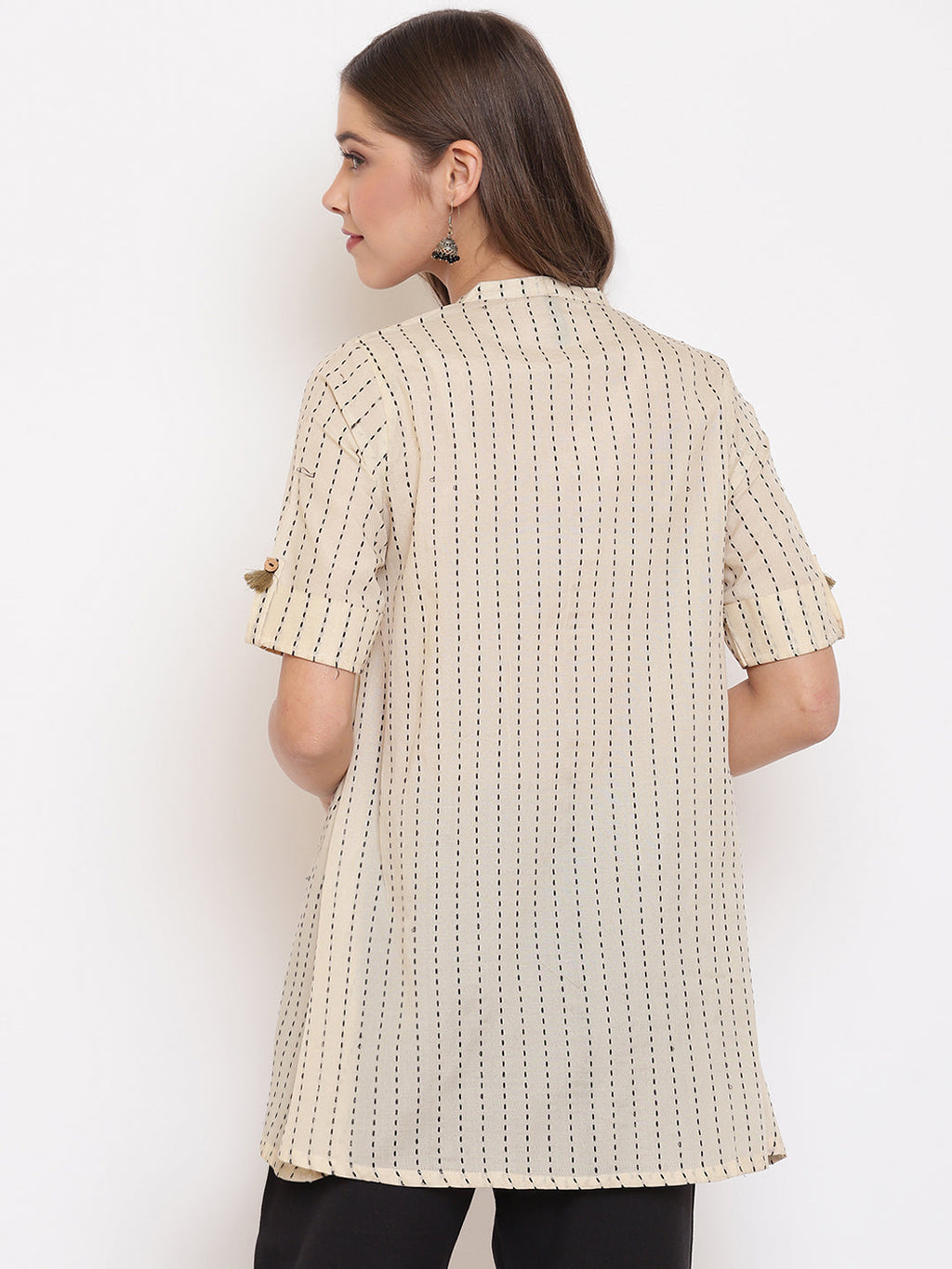 Janasya Women's Cream Cotton Striped Pleated Top | Grocsy