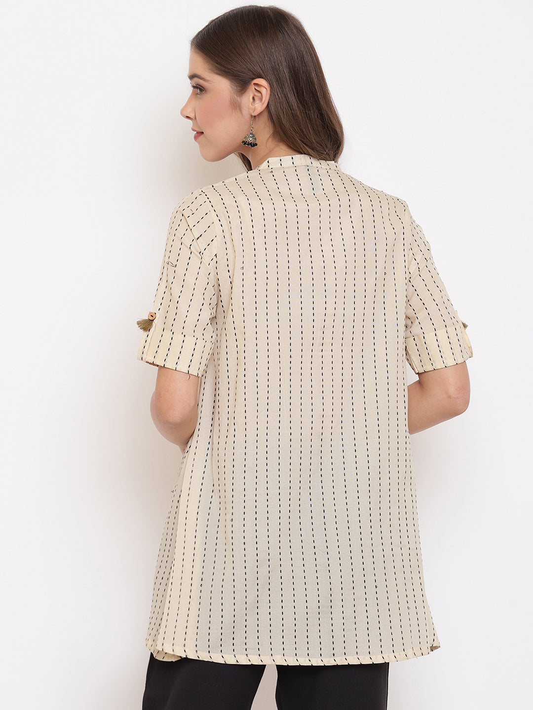 Janasya Women's Cream Cotton Striped Pleated Top | Grocsy