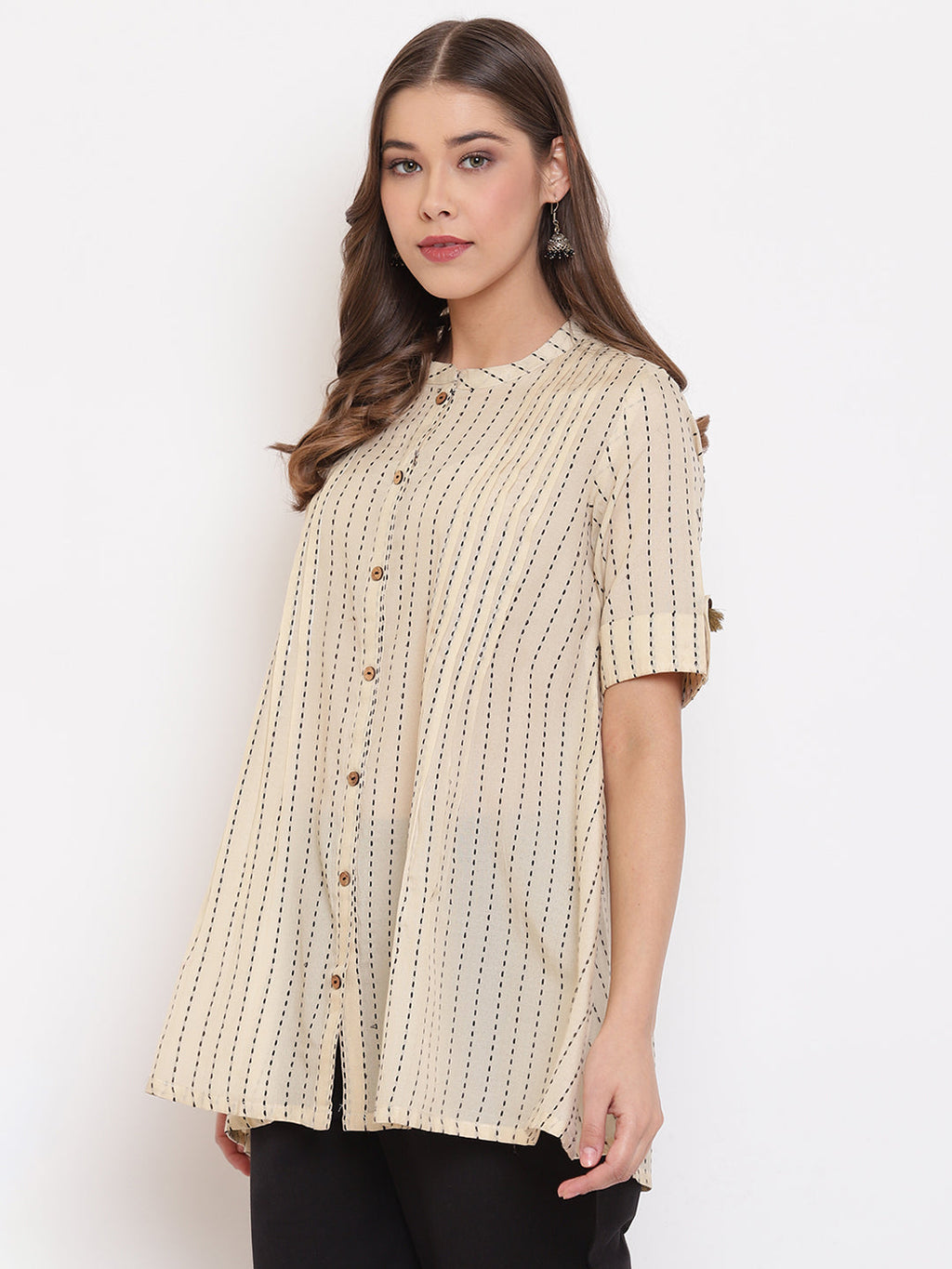 Janasya Women's Cream Cotton Striped Pleated Top | Grocsy
