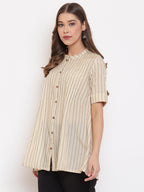 Janasya Women's Cream Cotton Striped Pleated Top | Grocsy
