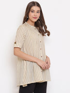 Janasya Women's Cream Cotton Striped Pleated Top | Grocsy