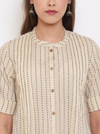 Janasya Women's Cream Cotton Striped Pleated Top | Grocsy