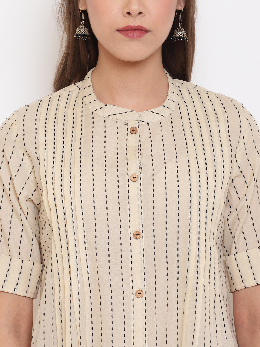 Janasya Women's Cream Cotton Striped Pleated Top | Grocsy