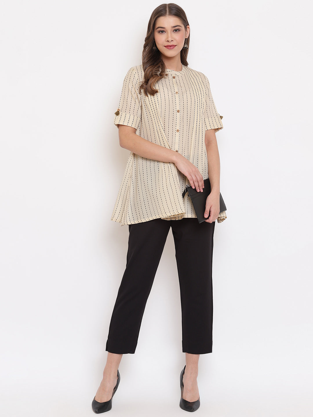 Janasya Women's Cream Cotton Striped Pleated Top | Grocsy