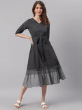 Janasya Black Cotton Striped Flared Casual Dress | Grocsy