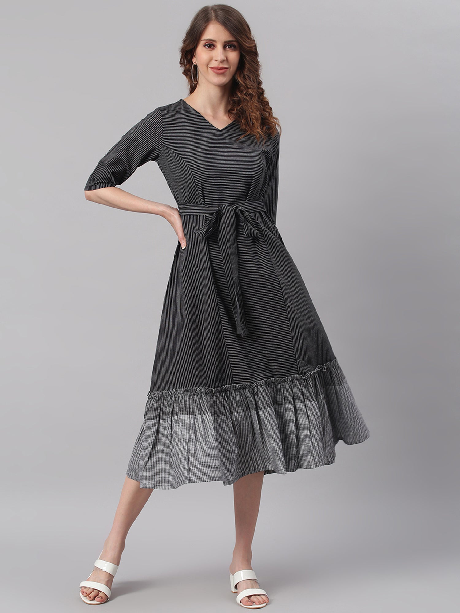 Janasya Black Cotton Striped Flared Casual Dress | Grocsy