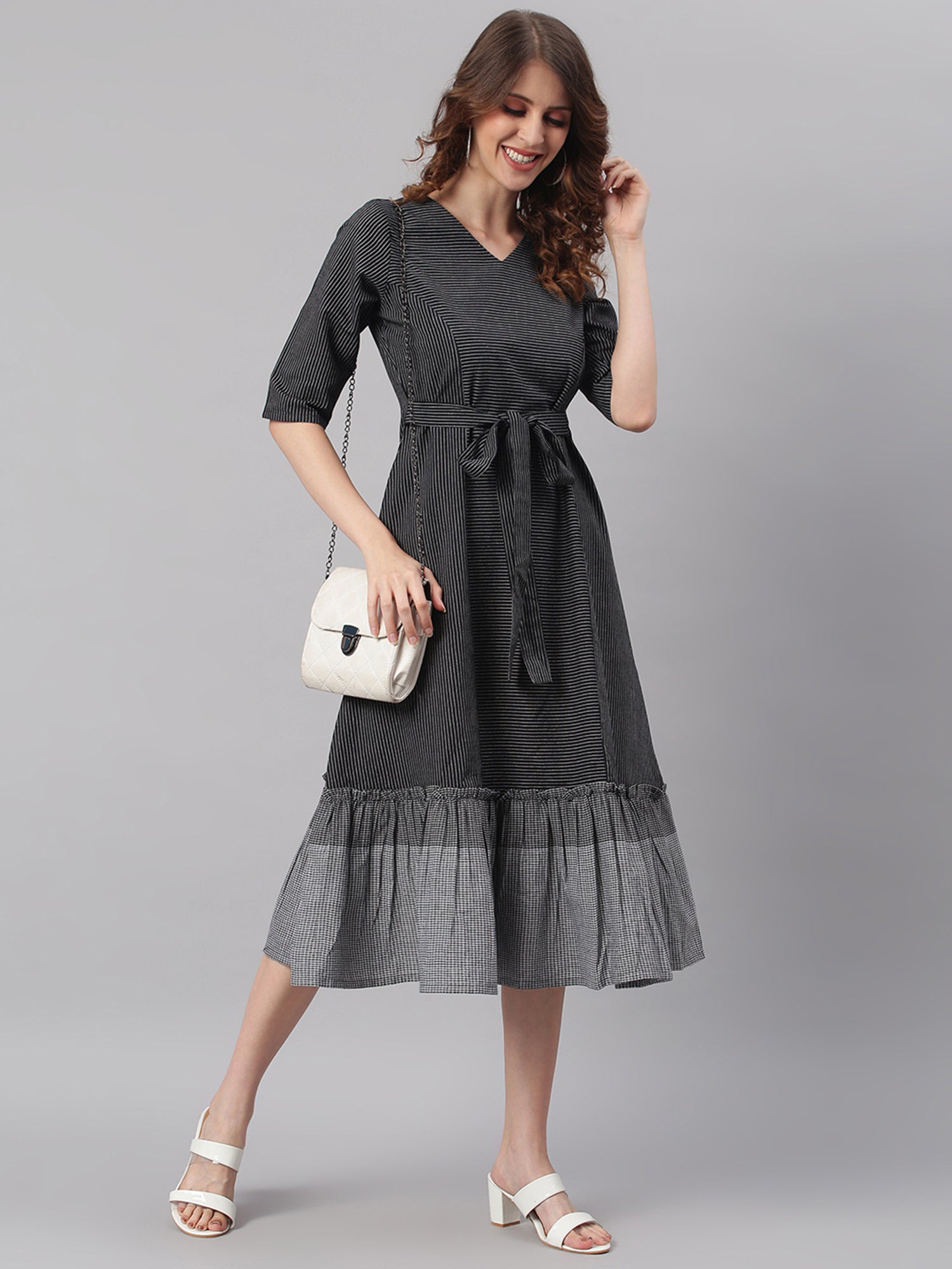 Janasya Black Cotton Striped Flared Casual Dress | Grocsy