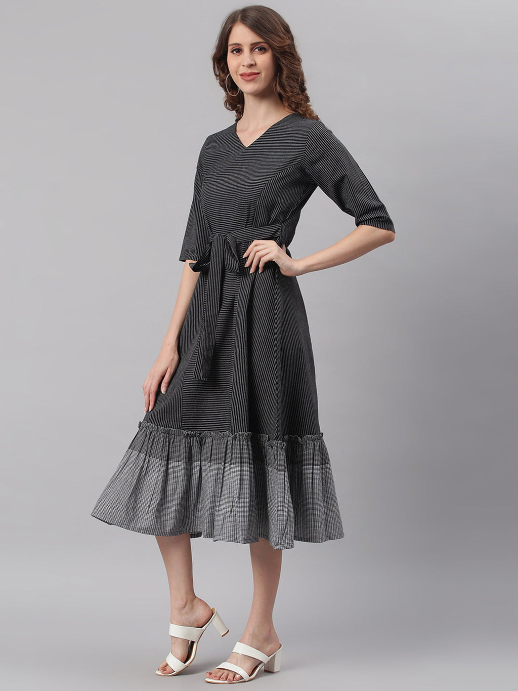 Janasya Black Cotton Striped Flared Casual Dress | Grocsy