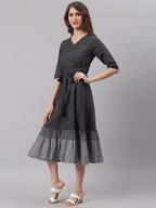 Janasya Black Cotton Striped Flared Casual Dress | Grocsy