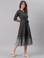 Janasya Black Cotton Striped Flared Casual Dress | Grocsy