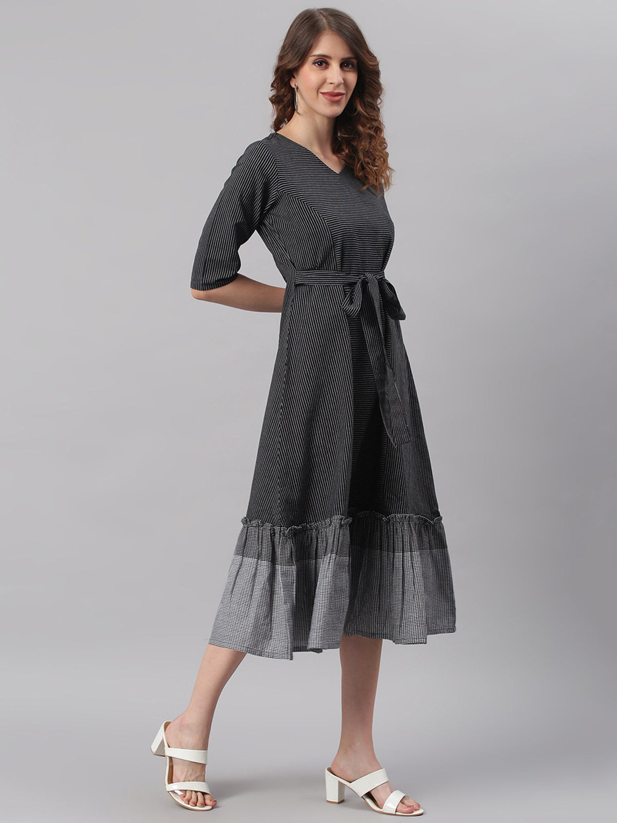 Janasya Black Cotton Striped Flared Casual Dress | Grocsy